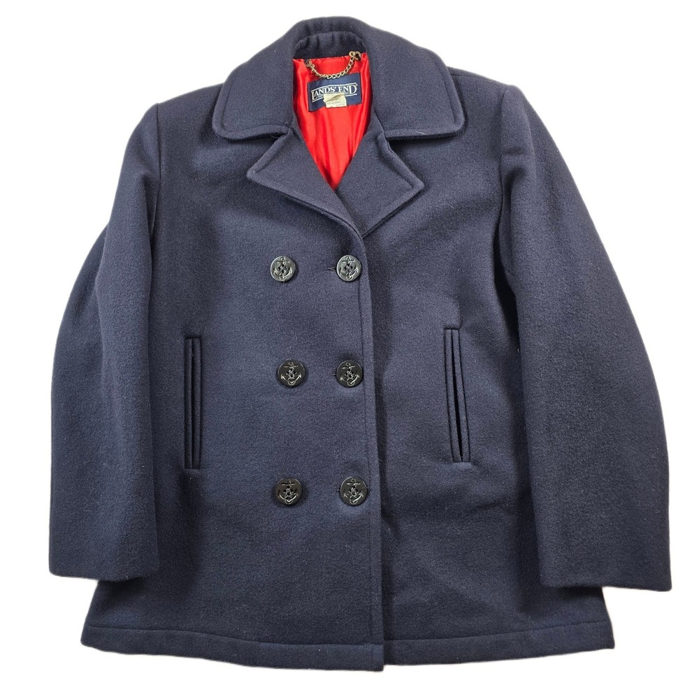 Vintage Lands End Pea Coat Womens Small 6 Navy Wool Double Breasted Anchor USA